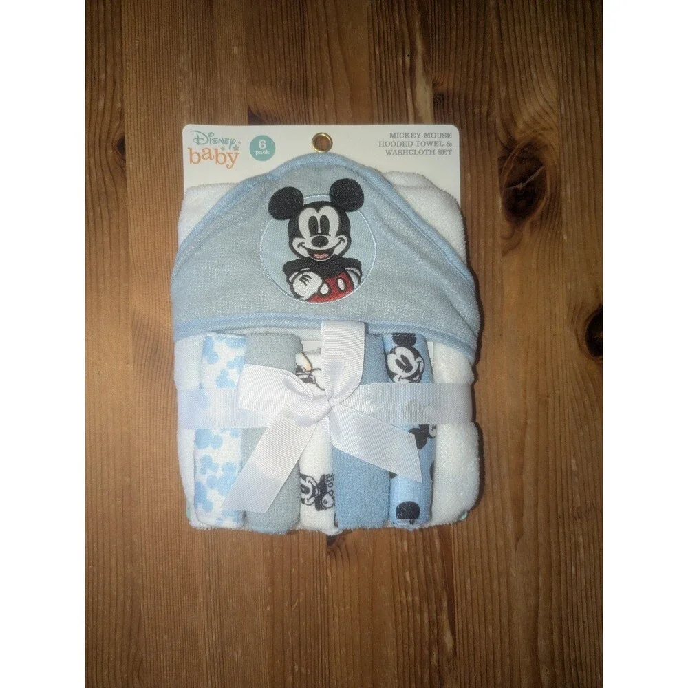 Disney Baby Mickey Mouse Hooded Towel with 5 Piece Washcloth Set
